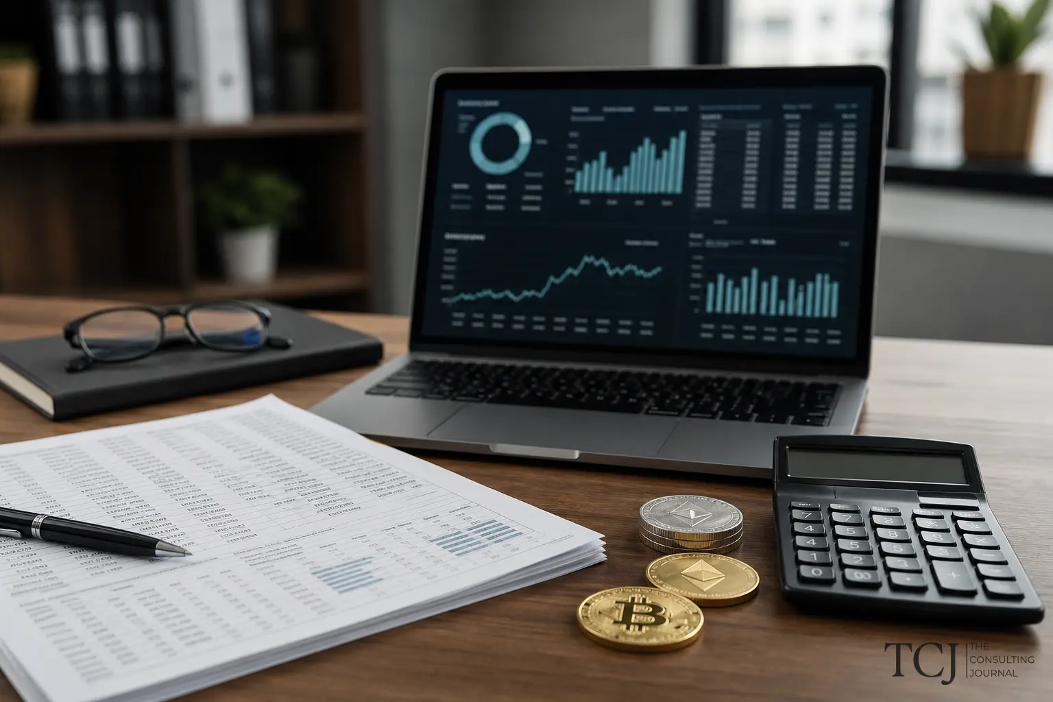 An accountant's workspace with a reconciliation dashboard on a laptop, a printed ledger, a calculator, and stacked crypto coins