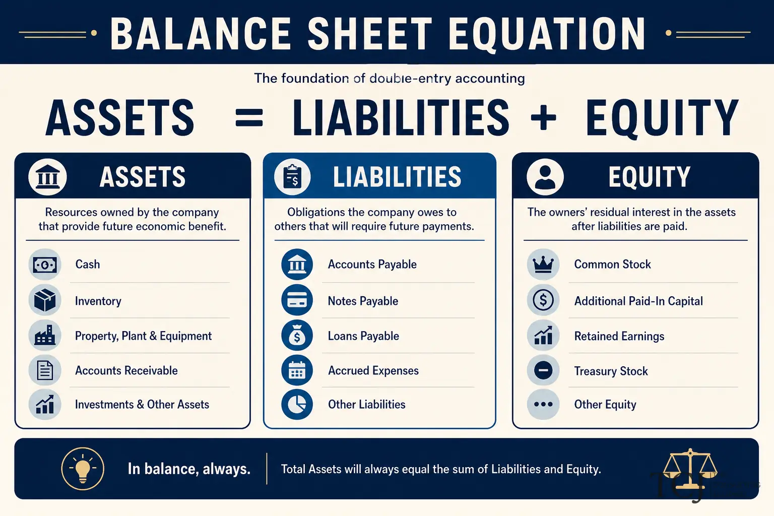 Annotated balance sheet diagram highlighting current assets liabilities and equity sections