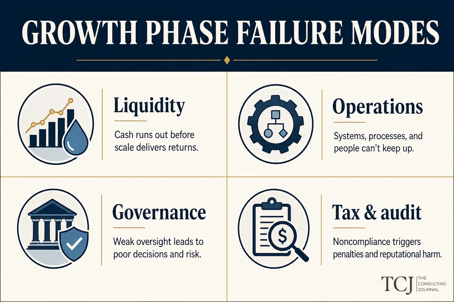 Flow diagram of five growth failure modes from cash timing to compliance debt for UAE SMEs