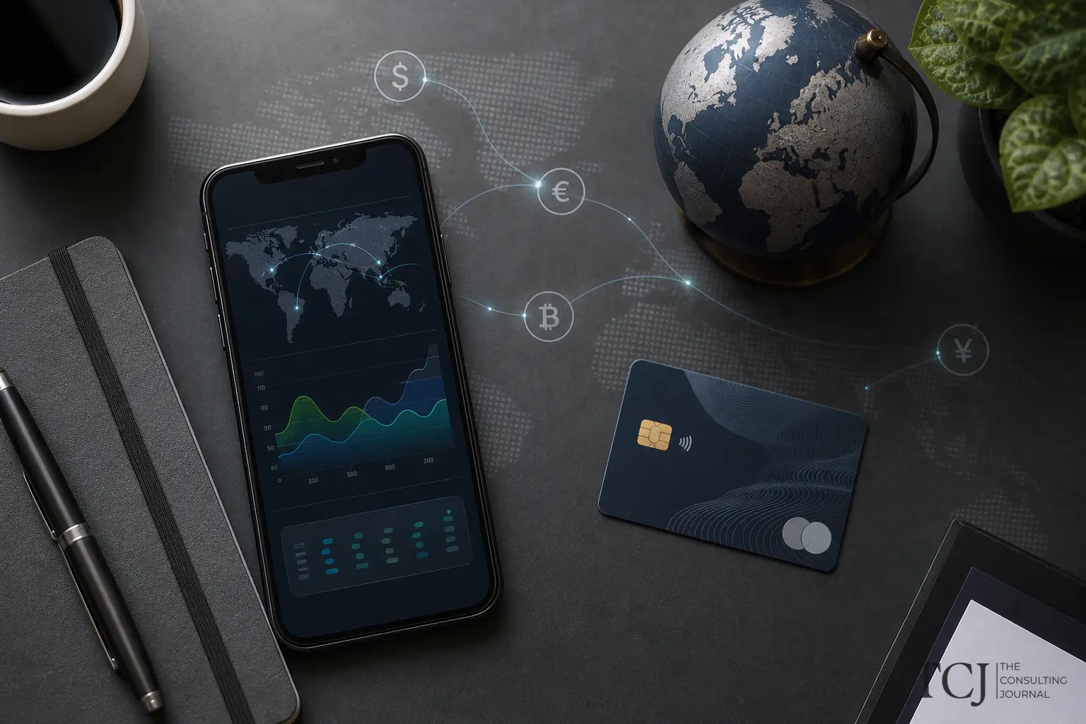 Overhead view of a phone showing a payment dashboard, a bank card, and a globe with currency symbols connected by lines