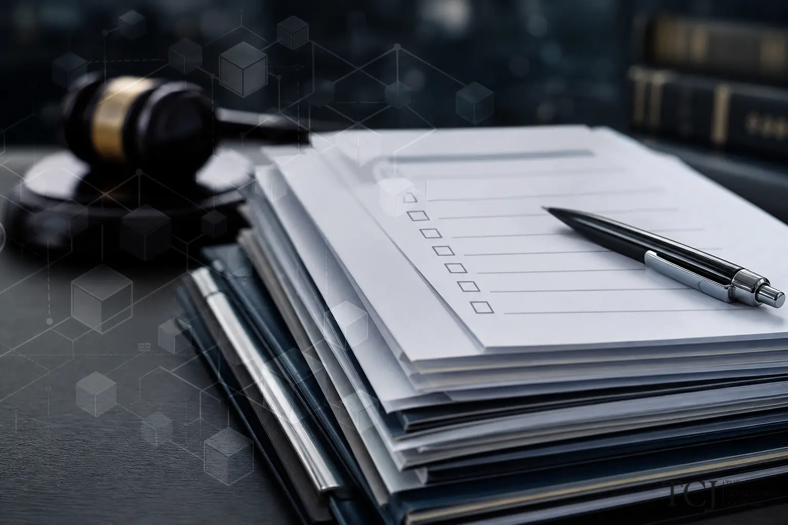 A stack of formal compliance documents and a checklist on a dark desk with a gavel and a faint blockchain cube motif